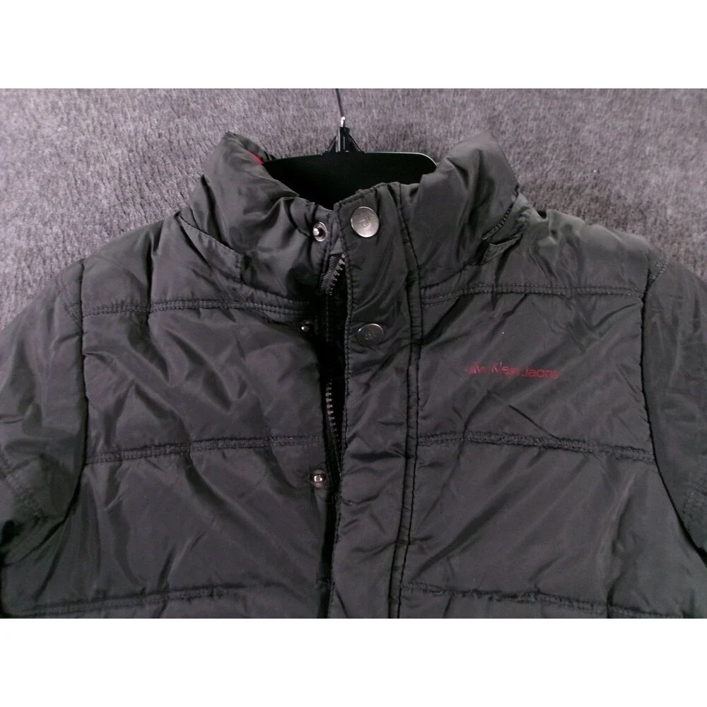 Calvin Klein Jeans Jacket Youth M Black Puffer Insulated Red Fleece Lining